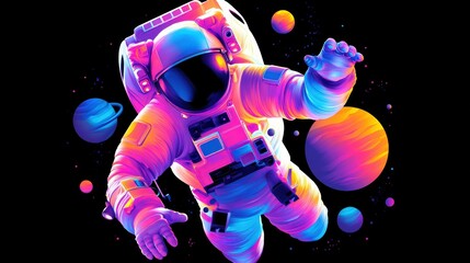 Fototapeta premium Vibrant astronaut floating in space surrounded by colorful planets, showcasing the beauty of the cosmos