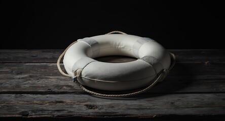White Life Preserver on Rustic Wooden Surface, Safety Concept, Nautical Theme, Rescue, Help, Support