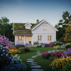 White House with Green Roof and Blooming Garden at Dusk