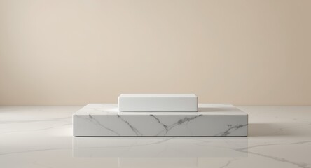 White Marble Platform with White Cube, Minimalist Product Display, Clean Background, Mockup Template for Presentation
