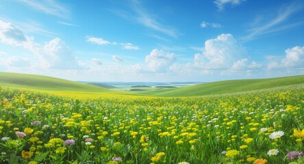 Wildflower Meadow Landscape, Rolling Hills, Sunny Day, Spring Flowers, Nature Photography