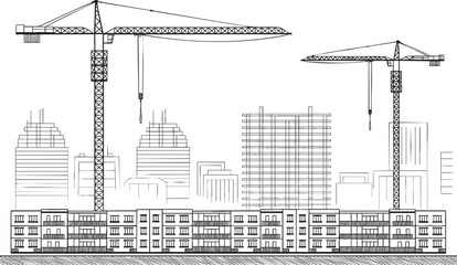 Black and white line drawing of a city skyline with construction cranes and buildings Keywords: construction, crane, building, city, skyline