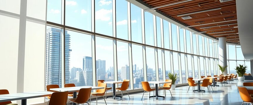 Spacious, bright office cafeteria with large windows overlooking cityscape,  sky,  office space - Powered by Adobe