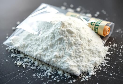 White powder in plastic baggie, rolled cash nearby, investigation, drug paraphernalia