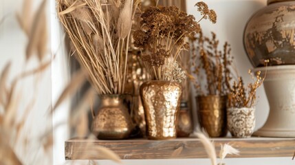 Fototapeta premium Nature-Inspired Decor: Pink/Lavender Flowers, Willow Branches & Golden Wheat Bunches in Vases & Pots