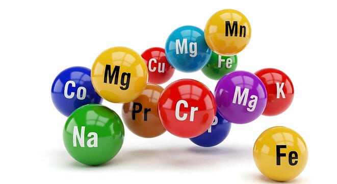Colorful balls with chemical element symbols isolated on white background, representing essential minerals and nutrients for health