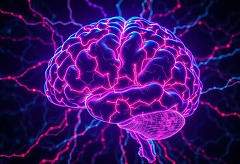 Neon-lit brain pathways, intricate neural network, dark futuristic background,  pathways,  processing