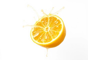 Yellow lemon juice bursting from halved lemon, white background, ripe, image