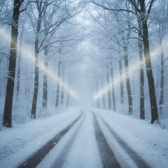 Winter wonderland road through snow covered forest, magical light beams, snowy trees, winter landscape, cold season background