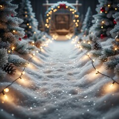 Winter Wonderland Scene with Snowy Path and Festive Lights for Holiday Cards and Backgrounds