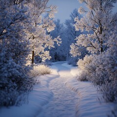 Winter wonderland snowy path, snow covered trees, frozen landscape, winter scenery, cold weather, Christmas background, holiday season, tranquil scene, serene nature, snowy forest, winter walk, p