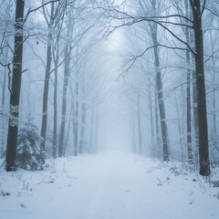 Winter wonderland snowy forest path, misty trees, cold weather, serene landscape, winter scene, snow covered trees, frosted branches, tranquil nature, peaceful forest, snowy trail, winter backgro