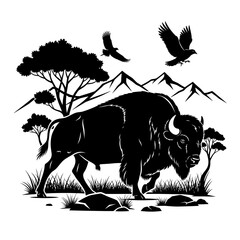 Majestic bison roams wild plains beneath soaring eagles and rugged mountains