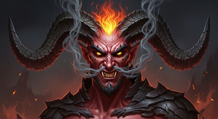 Naklejka premium Fearsome demon with glowing eyes and fiery horns breathes smoke, embodying dark power and menace