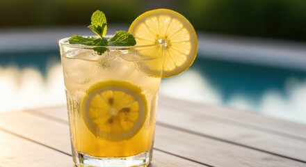 Chilled Lemonade with Mint and Lemon Slices on a Summer Pool Deck
