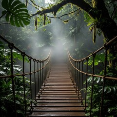Wooden Suspension Bridge in Lush Rainforest, Misty Jungle Path, Adventure Travel Background