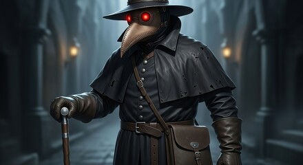 Fototapeta premium Mysterious plague doctor with glowing red eyes and cane in dark historical alley