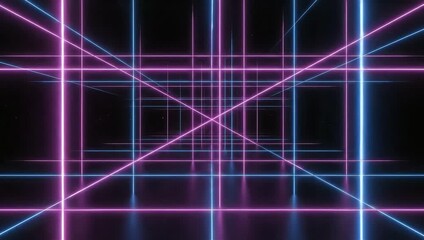 Glowing pink and blue neon lines forming an endless digital grid tunnel, a mesmerizing abstract animated background - Powered by Adobe