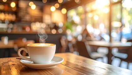 Steaming latte on a wood table at a cafe, with blurred background of tables, chairs, & light
