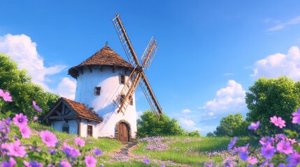 A picturesque windmill surrounded by vibrant flowers under a clear blue sky in a serene countryside setting