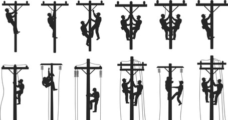 Utility pole workers, linemen climbing poles, electrical repair, power line maintenance, silhouette figures, teamwork, safety gear, cable fixing, electric grid, technician