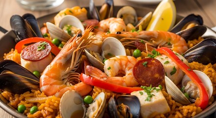 Paella seafood dish prepared with rice mussels clams shrimp and vegetables presented in skillet