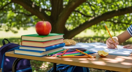 Outdoor Learning: Books, Apple, and Student's Hand on a Summer Day