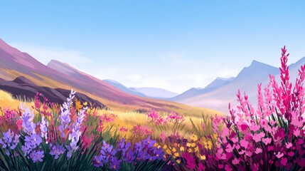 Vibrant mountain landscape with colorful wildflowers in the foreground under a clear blue sky