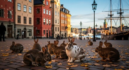 Rabbits Gather in Historic Stockholm Square.