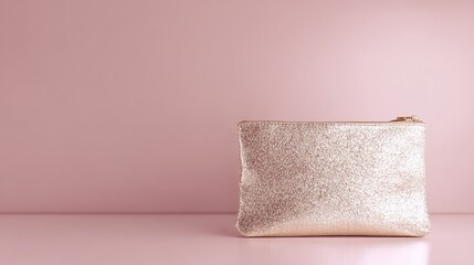 Fototapeta premium Elegant cosmetic bag on soft pink background, highlighting texture and design.
