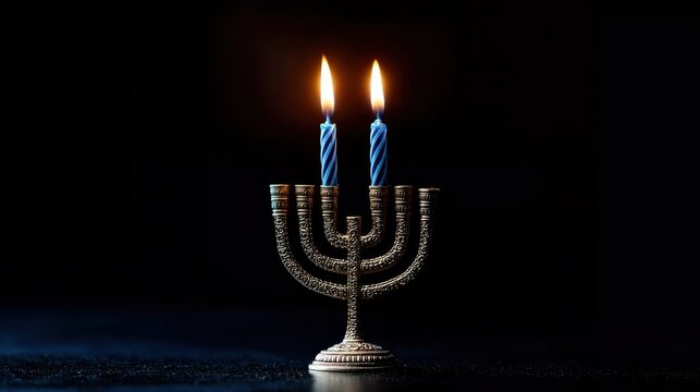 Golden menorah with blue accents and lit candles on dark background, Jewish tradition ideal for holiday celebrations, religious ceremonies, cultural designs, and symbolic imagery