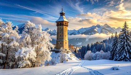 Spectacular winter panorama with snow covered landscape and ancient tower