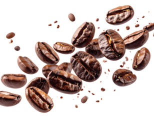 Roasted coffee beans in mid-air, scattered against a dark background
