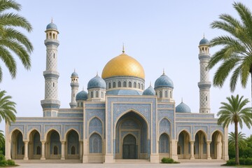 Fototapeta premium Majestic Mosque with Golden Dome and Intricate Blue Details Amidst Lush Palm Trees, a Spiritual Landmark