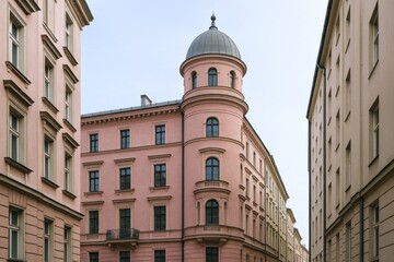 Fototapeta premium Elegant European Cityscape with Pink Architecture and Classic Design, Featuring a Domed Tower, and Urban Setting