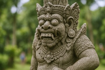 Stone Sculpture of Ancient Guardian Figure with Intricate Carvings Against a Verdant Backdrop