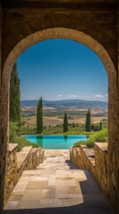 Fototapeta premium Tuscan Paradise View Through Archway: Serene Pool and Rolling Hills in Italy