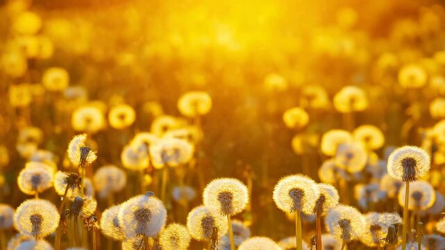 Golden Hour Sunlight Illuminates Delicate Dandelion Seed Heads in a Field