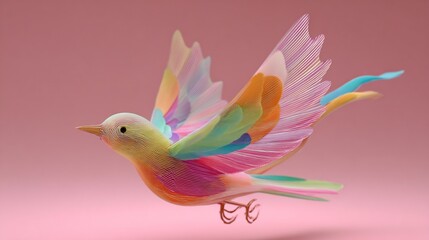Fototapeta premium A vibrant, iridescent bird takes flight against a soft pink backdrop, its delicate wings shimmering with a spectrum of colors, creating a mesmerizing display of natures beauty