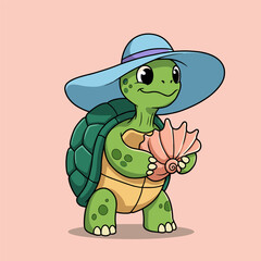 A cheerful green turtle wearing a wide-brimmed blue hat with a purple band holds a pink seashell, standing against a light pink background.