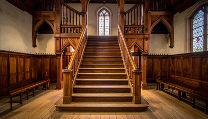 Obraz premium Ornate wooden staircase in a historic hall