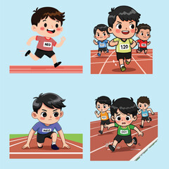 Set of Cartoon Boy Characters Running and Competing