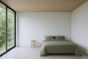 Minimalist Bedroom Interior with Green Bedding, Natural Light, and Modern Design Elements for Relaxation and Comfort