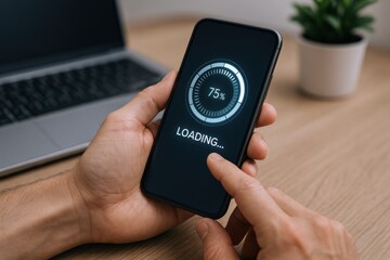 Mobile Phone Loading Screen Showing Progress Held by Person on Desk with Laptop
