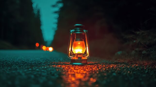Glowing lantern on foggy forest road at night, mysterious scene ideal for adventure themes, horror stories, background designs, and atmospheric visual effects