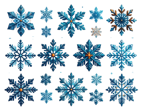 A collection of 16 detailed, intricate, blue snowflakes, with golden accents, against a black background. Each snowflake has a unique, symmetrical pattern