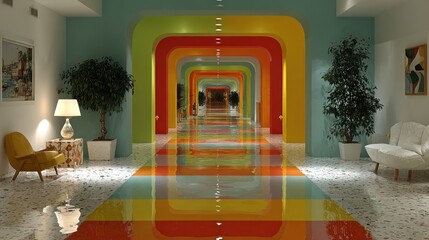 Colorful hallway with reflective floor