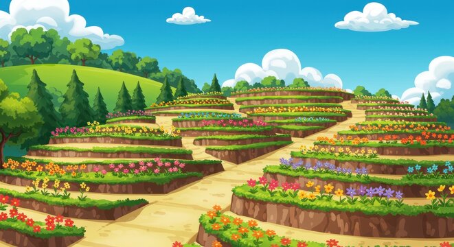 Beautiful cartoon style garden on a hill with vibrant flowers and lush greenery
