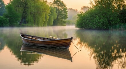 Obraz premium Tranquil Dawn at Lakeside: Reflections of Nature and Serenity in Still Water