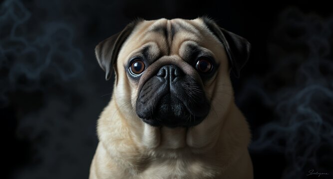 Close-up portrait of a cute fawn pug dog, looking directly at the camera against a dark smoky background.